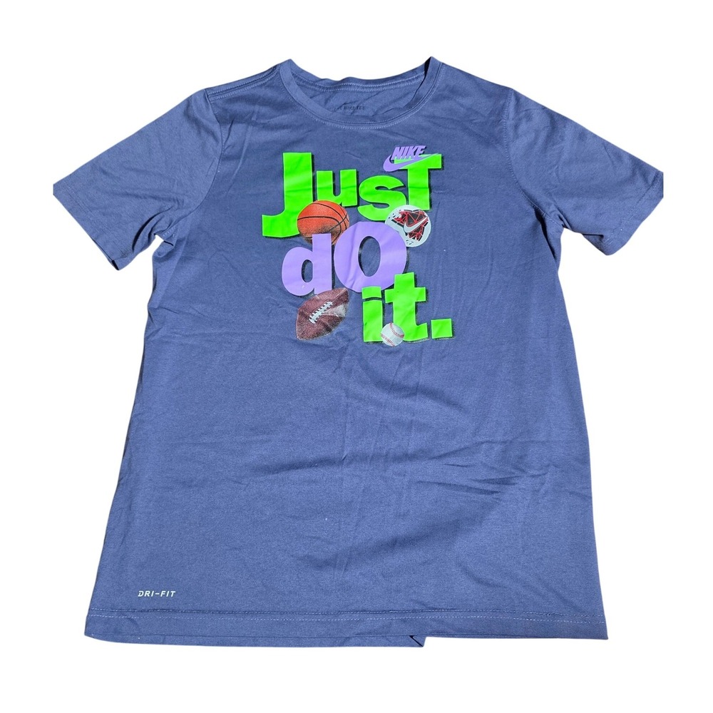 Nike Dri-FIT Just Do It Sports Graphic T-Shirt Blue Purple XL Kids Girls A0